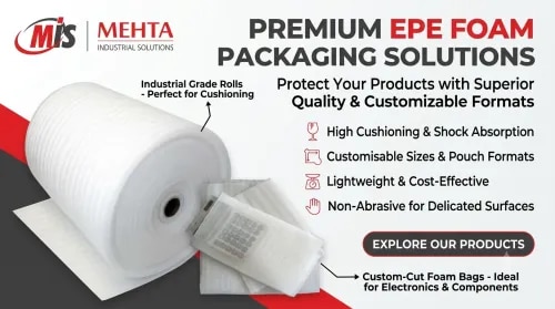 EPE Foam Manufacturer in Vadodara, Gujarat – Mehta Industrial SolutionsMehta Industrial Solutions, Vadodara, Gujarat, is a trusted EPE Foam Manufacturer and Supplier offering quality Expanded Polyethylene (EPE) Foam for industrial, packaging, insulation, and protective applications. EPE Foam is a lightweight, flexible and resilient packaging material designed to provide effective cushioning and protection against scratches, impact, vibration and surface damage.Our EPE Foam Roll is suitable for protecting glass, furniture, electronics, machinery components, automotive parts, sanitaryware and other delicate products during handling, storage and transportation. Its lightweight construction makes it easy to cut, wrap and customize according to different packaging requirements.Key Features of EPE Foam- Lightweight and flexible material- Excellent cushioning and shock absorption- Helps prevent scratches and surface damage- Moisture-resistant and durable- Easy to cut, wrap and handle- Suitable for industrial and commercial packaging- Available in different thicknesses and sizes as per requirementApplications of EPE FoamEPE Foam is widely used for protective packaging, industrial packaging, furniture packaging, electronics packaging, glass protection, automobile component protection, machinery packaging, appliance packaging and transportation protection.Why Choose Mehta Industrial Solutions?As an experienced EPE Foam Manufacturer in Vadodara, Mehta Industrial Solutions focuses on supplying reliable foam packaging solutions for diverse industrial requirements. We serve businesses across Vadodara, Gujarat and nearby industrial areas, providing EPE Foam suitable for customized packaging and product-protection needs.Product: EPE Foam / EPE Foam RollManufacturer: Mehta Industrial SolutionsLocation: Vadodara, Gujarat, IndiaIndustry: Packaging & Industrial Protection