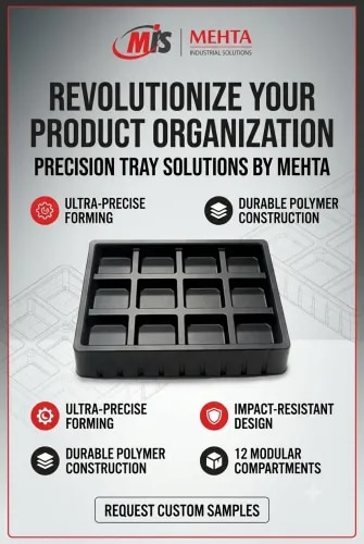 PET Tray Manufacturer in Vadodara, Gujarat – Mehta Industrial SolutionsMehta Industrial Solutions is a trusted PET Tray Manufacturer in Vadodara, Gujarat, offering durable and application-focused PET trays for packaging, storage, presentation, and industrial requirements. Manufactured using quality PET material, these trays are designed to provide a practical combination of strength, lightweight construction, dimensional stability, and attractive appearance.Our PET Trays are suitable for a wide range of packaging applications where product protection, organized placement, and clear presentation are important. Their rigid structure helps keep products securely positioned while making handling, transportation, and display more convenient.Key Features of PET Tray- Manufactured from quality PET material- Lightweight yet rigid construction- Excellent dimensional stability- Smooth and clean surface finish- Suitable for organized product packaging- Easy to handle, stack, and store- Available in application-specific designs and sizes- Suitable for various industrial and commercial packaging needsApplications of PET TrayPET trays can be used for product packaging, component packaging, food and non-food packaging, industrial parts, electronic components, retail products, and organized storage applications. Depending on the product requirement, trays can be developed in suitable shapes, dimensions, and configurations.Why Choose Mehta Industrial Solutions?As a PET Tray Manufacturer and Supplier in Vadodara, Gujarat, Mehta Industrial Solutions focuses on providing practical packaging solutions tailored to customer requirements. Our emphasis on material quality, consistent manufacturing, functional design, and reliable service makes us a suitable choice for businesses looking for PET tray solutions in Vadodara and across Gujarat.
