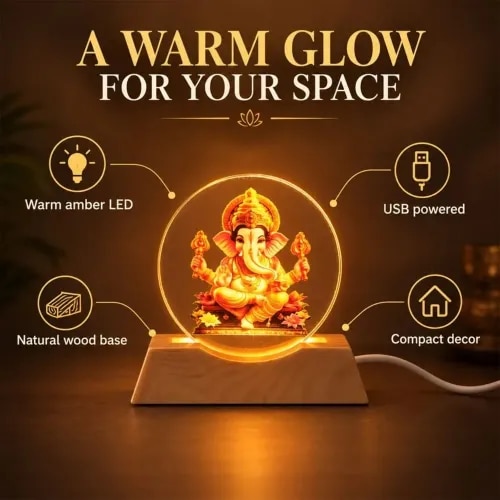 3D Ganesha Acrylic LED Lamp with Warm Golden Glow for Decor (1 Pc) (12382) product image