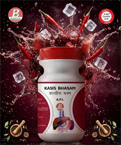 KASISH BHASMAGeneric Name: Kasish Bhasma (Kaseesa Bhasma / Green Vitriol Bhasma)Type: Ayurvedic Mineral Preparation (Bhasma Kalpana)Primary Indication AreaKasish Bhasma is a classical Ayurvedic mineral preparation made from Kasish (Kaseesa / Green Vitriol) through traditional Bhasma procedures involving Shodhana (purification), Bhavana (levigation), and Marana (incineration) under expert supervision.Traditional Ayurvedic IndicationsPandu (Ayurvedic description of pallor-related conditions) Kamala (Ayurvedic description of yellow discoloration-related conditions) Agnimandya (reduced digestive strength according to Ayurveda) Aruchi (reduced appetite and taste-related conditions) Shotha (swelling-associated conditions in classical descriptions) Krimi-related supportive formulations General debility and fatigue-associated conditions Rakta Dhatu-related supportive formulations (traditional blood tissue-related concepts) Digestive and metabolic supportive formulations Rasayana (rejuvenative) formulations in classical Ayurvedic practice Supportive care in conditions requiring mineral-based Ayurvedic strengthening formulations Traditional BenefitsTraditionally used to support strength, vitality, and overall wellness according to Ayurvedic principles. Supports traditional concepts related to Rakta Dhatu nourishment, digestion, and physiological balance. Traditionally considered a mineral preparation used in classical Ayurvedic formulations. Used as an ingredient in various Ayurvedic formulations. Properly prepared Bhasma is traditionally valued for its fine and processed form. Formula (Ingredients)1. Kasish Bhasma(Purified and incinerated Kasish prepared according to classical Ayurvedic Shodhana, Bhavana, and Marana procedures.)Ingredient Detail with Traditional Mechanism of Action1. Kasish (Kaseesa / Green Vitriol)Source:Kasish is a mineral-derived substance used in classical Ayurvedic preparations after purification and repeated processing.Ayurvedic PropertiesRasa: Kashaya, Amla (classical descriptions may vary) Guna: Laghu, Ruksha Virya: Ushna Vipaka: Katu Traditional Mechanism of ActionActs as a traditionally processed mineral preparation used in Ayurvedic formulations. Supports traditional concepts of Rakta Dhatu nourishment, strength, and physiological balance. The Bhasma process involves purification, repeated herbal processing, and controlled incineration to obtain a fine calcined preparation. Traditionally used to support digestion, metabolism, energy, and vitality according to Ayurvedic principles. The final properties depend on proper Shodhana, Bhavana, Marana procedures, quality of raw material, and manufacturing standards. DosageAdultsTraditional dosage: 125 mg–250 mg, once or twice daily after meals, or as directed by a qualified Ayurvedic physician.The dosage may vary depending on:Age Individual constitution (Prakriti) Digestive strength (Agni) Health condition Nature and severity of the condition Physician's clinical judgment ChildrenUse only if specifically prescribed by a qualified Ayurvedic physician. The dose should be individualized according to age, body weight, and clinical condition.Anupana (Adjuvant)Suitable Anupana may include:Honey Cow milk Ghee Mishri (Sugar candy) Warm water Herbal vehicle as advised by an Ayurvedic physician Directions for UseTake Kasish Bhasma only under the supervision of a qualified Ayurvedic physician. Consume with the recommended Anupana. Preferably take after meals or as directed by the physician. Follow the prescribed dosage and duration of use. Do not exceed the recommended dosage unless advised by the physician. Store in a cool, dry place away from moisture, heat, direct sunlight, and contamination. Keep out of reach of children. PrecautionsUse only after proper classical purification (Shodhana), Bhavana, and Marana procedures. Avoid self-medication because this is a mineral-based Ayurvedic preparation. Pregnant and breastfeeding women should use only if advised by a qualified Ayurvedic physician. Patients with serious medical conditions should consult their physician before use. Discontinue use and seek medical advice if any unusual symptoms occur. StorageStore in a tightly closed container. Protect from moisture, heat, and direct sunlight. Store at room temperature in a clean and dry place. NoteKasish Bhasma is a classical Ayurvedic mineral preparation and should only be manufactured after proper Shodhana, Bhavana, and Marana procedures as described in Ayurvedic literature. It shou ld be used only under the supervision of a qualified Ayurvedic physician.