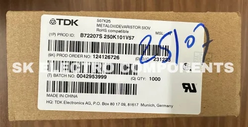 B72207S250K101 (also cataloged as B72207S0250K101) is a Metal Oxide Varistor (MOV) manufactured by TDK Electronics (formerly EPCOS). It is a leaded disk-style voltage protection component primarily used for overvoltage and surge suppression in electronic circuits.Technical Specifications• Varistor Voltage: 39 V• Max. Operating Voltage: 25 VAC (RMS) / 31 VDC• Max. Surge Current (8/20 µs): 250 A• Disk Diameter / Size: 7 mm• Mounting Type: Through Hole (Radial leads)• Tolerance: ±10%Physical Dimensions• Lead Spacing: 5.0 mm• Max Body Width: 9.0 mm• Max Body Height: 11.0 mm• Max Body Thickness: 3.7 mm