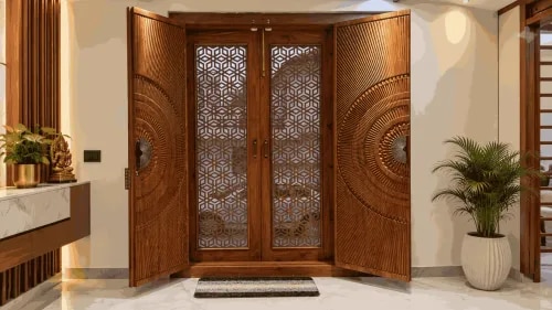 Ornate Wooden Main Door Design with Geometric Jali Panels and Carved Sunburst Details | Adyar product image