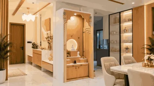 Designer Pooja Unit with Carved Arch and Illuminated Display Cabinets | Anna Nagar product image