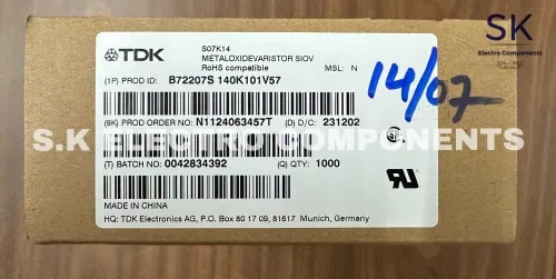 The B72207S140K101 is a 7 mm disc-type metal-oxide varistor (MOV) manufactured by TDK (EPCOS) designed for overvoltage protection and transient suppression in electronic circuits.Key Specifications• Manufacturer: EPCOS / TDK (Part Number: B72207S0250K101)• Type: Radial Through-Hole Technology (THT) Metal-Oxide Varistor• Maximum AC Operating Voltage ((V_{RMS})): 25 V• Maximum DC Operating Voltage ((V_{DC})): 31 V• Varistor Voltage ((V_{v})): 39 V (± 10%)• Disc Diameter: 7 mm (nominal / ~9 mm outer package)• Maximum Surge Current: 250 A (or up to standard S07 series ratings)