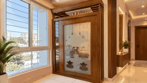 Traditional Wooden Pooja Room Design with Etched Glass Doors and Hanging Bells | Tambaram product image