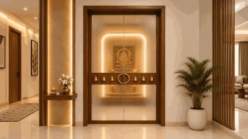 Premium Pooja Room Design with Fluted Glass Doors and Brass Bell Detailing | Porur product image