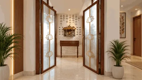 Pooja Room Design with Lotus Glass Doors and Wooden Mandir | Adyar product image