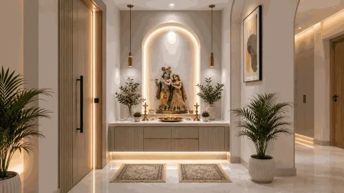 Pooja Room Design with Illuminated Arch and Fluted Wood Cabinets | Anna Nagar product image
