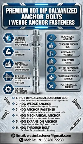 Hot Dip Galvanized Anchor Bolts Manufacturer, Supplier & Exporter in India | Wasim Fastener

Wasim Fastener is a manufacturer, supplier and exporter of Hot Dip Galvanized (HDG) Anchor Bolts, HDG Wedge Anchors and Galvanized Anchor Fasteners in India. Our product range is suitable for construction, infrastructure, industrial structures, concrete foundations, steel structures and machinery installation, subject to project specifications.

Hot dip galvanized anchor bolts feature a zinc coating designed to improve corrosion resistance and provide durable performance in suitable outdoor environments. We offer different sizes, lengths, thread configurations and customized specifications as per customer requirements.

Our HDG Anchor Bolt Product Range

Hot Dip Galvanized Anchor Bolts

HDG Wedge Anchor Bolts

HDG Concrete Anchor Bolts

HDG Mechanical Anchors

HDG Expansion Anchors

HDG Through Bolts

HDG Heavy Duty Anchor Fasteners

HDG Structural Anchor Bolts

Hot Dip Galvanized Foundation Bolts

HDG J-Type Anchor Bolts

HDG L-Type Anchor Bolts

HDG U-Bolts

HDG Stud Bolts

HDG Threaded Rods

Custom Galvanized Anchor Fasteners

Product Features and Benefits

Hot dip galvanized coating for improved corrosion resistance

Suitable for specified outdoor and industrial applications

Available in multiple diameters and lengths

Options for nuts and washers as per requirements

Custom manufacturing according to drawings and specifications

Suitable for selected structural and foundation applications

Product documentation available as agreed for the order

Available Sizes and Specifications

Diameter: M6 to M100, subject to product type and manufacturing capability.

Length: Custom lengths as per drawing and order requirements.

Thread Types: Metric and other thread forms as specified.

Material: Carbon steel and other suitable steel grades as per order.

Coating: Hot dip galvanizing according to the agreed coating specification.

Standards: ASTM, DIN, ISO, BS or project-specific standards, subject to the actual product design and confirmed compliance.

Applications of HDG Anchor Bolts

Construction and civil engineering projects

Concrete foundations and base plates

Steel structures and industrial sheds

Machinery and equipment installation

Infrastructure and selected bridge projects

Solar mounting structures

Utility and power infrastructure

Commercial and industrial buildings

Outdoor structural installations

General engineering projects

Anchor selection, embedment depth, installation method and load capacity must be confirmed according to the actual product design and project requirements.

Why Choose Wasim Fastener?

Wide range of industrial fasteners and anchor bolts

Custom sizes and specifications available on request

Support for domestic and export enquiries

Options for bulk orders and project requirements

Quotations based on drawings, specifications and quantities

Technical documentation available where applicable

HDG Anchor Bolts

HDG Anchor Bolts Manufacturer, HDG Anchor Bolt Supplier India, Hot Dip Galvanized Anchor Bolts, Hot Dip Galvanized Anchor Bolt Manufacturer, HDG Wedge Anchor Manufacturer, HDG Wedge Anchor Supplier, Galvanized Anchor Bolts Manufacturer, HDG Anchor Fasteners Supplier, HDG Concrete Anchor Bolts, HDG Mechanical Anchor, HDG Expansion Anchor, HDG Through Bolt, HDG Heavy Duty Anchor, HDG Structural Anchor Bolts, Hot Dip Galvanized Fasteners Manufacturer India, Galvanized Steel Anchor Fasteners, Industrial Anchor Bolt Manufacturer India, Anchor Bolt Manufacturer Mumbai, Anchor Bolt Supplier Maharashtra.

Buy HDG Anchor Bolts in India, Hot Dip Galvanized Anchor Bolts with Nuts and Washers, HDG Wedge Anchors for Concrete, HDG Anchor Bolts for Base Plates, Galvanized Anchor Bolts for Steel Structures, HDG Anchor Bolts for Outdoor Applications, HDG Anchor Fasteners for Industrial Projects, Hot Dip Galvanized Foundation Bolts, Custom HDG Anchor Bolts Manufacturer, Galvanized Concrete Anchor Fasteners Supplier, HDG Anchor Bolts as per Drawing, Hot Dip Galvanized Anchor Bolt Exporter India.

HDG Anchor Bolts India, HDG Anchor Bolt Manufacturer Mumbai, HDG Anchor Bolt Supplier Mumbai, HDG Anchor Bolts Maharashtra, HDG Anchor Bolts Pune, HDG Anchor Bolts Ahmedabad, HDG Anchor Bolts Gujarat, HDG Anchor Bolts Delhi, HDG Anchor Bolts Chennai, HDG Anchor Bolts Hyderabad, HDG Anchor Bolts Bangalore, Hot Dip Galvanized Anchor Bolts Supplier India.

HDG Anchor Bolts Exporter India, Hot Dip Galvanized Anchor Bolts Saudi Arabia, HDG Anchor Bolts UAE, HDG Anchor Bolts Dubai, HDG Anchor Bolts Qatar, HDG Anchor Bolts Oman, HDG Anchor Bolts Kuwait, HDG Anchor Bolts Bahrain, Galvanized Anchor Fasteners Middle East, Industrial Anchor Bolt Exporter India.

HDG Anchor Bolts, Hot Dip Galvanized Anchor Bolt, HDG Wedge Anchor, HDG Wedge Anchor Bolts, HDG Anchor Fasteners, Galvanized Anchor Bolts, Galvanized Wedge Anchor, HDG Concrete Anchor, HDG Mechanical Anchor, HDG Expansion Anchor, HDG Through Bolt, HDG  product image
