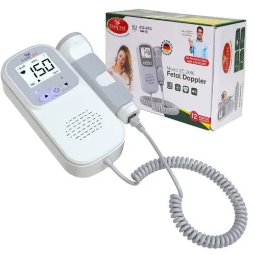 Clean catalogue ready — *EasCare Fetal Doppler EC-2016*
Shows 150 BPM on LCD, with probe + coiled cable + box. Box says