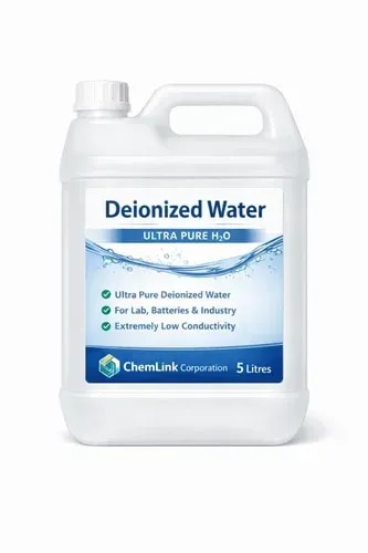Done — *ChemLink Deionized Water 5 Litres - Ultra Pure H2O*Clean white can with sharp label:- Ultra Pure Deionized Water- For Lab, Batteries & Industry- Extremely Low ConductivityPure white background, studio quality, ready for Amazon / catalogue / lab supply listing.
