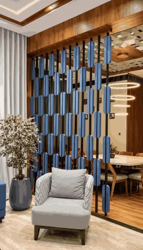Blue Vertical Slat Partition with Decorative Rounded Panels and Wooden Frame | Adyar product image