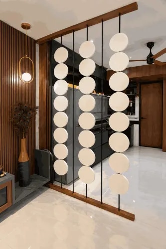 Decorative Circular Disc Partition with Black Metal Rods and Wooden Frame | Anna Nagar product image