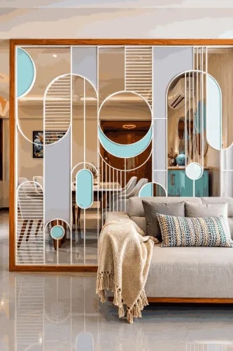 Geometric Decorative Partition with Aqua Blue Circular Panels and Wooden Frame | Velachery product image