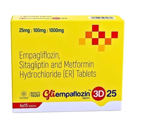 GLIEMPAFLOZIN 3D 25 is a combination pharmaceutical product containing Empagliflozin 25 mg, Sitagliptin 100 mg, and Metformin Hydrochloride Extended Release (ER) 1000 mg. This triple-combination formulation is intended for the management of type 2 diabetes mellitus in appropriate patients, as determined by a qualified healthcare professional.The three active ingredients work through different mechanisms to help control blood glucose levels. Empagliflozin belongs to the sodium-glucose cotransporter 2 (SGLT2) inhibitor class, Sitagliptin is a dipeptidyl peptidase-4 (DPP-4) inhibitor, and Metformin is a biguanide antidiabetic medicine. Together, these ingredients target different pathways involved in glucose regulation.GLIEMPAFLOZIN 3D 25 provides a combination of three established antidiabetic agents in a single tablet. Its suitability depends on the patient's blood glucose levels, kidney function, current diabetes treatment, medical history, and the approved prescribing information.Composition of GLIEMPAFLOZIN 3D 25Each tablet contains the following stated active ingredients:Empagliflozin 25 mg: An SGLT2 inhibitor that helps the kidneys remove glucose from the bloodstream through urine.Sitagliptin 100 mg: A DPP-4 inhibitor that increases the activity of incretin hormones involved in glucose-dependent insulin release and glucagon regulation.Metformin Hydrochloride ER 1000 mg: An extended-release biguanide that primarily reduces glucose production in the liver and improves the body's response to insulin.The exact formulation, excipients, administration instructions, and approved indications should be verified against the product packaging and official prescribing information.Key Features of GLIEMPAFLOZIN 3D 25GLIEMPAFLOZIN 3D 25 combines three antidiabetic ingredients with complementary mechanisms of action.Triple-combination formulation: Contains Empagliflozin, Sitagliptin, and Metformin Hydrochloride ER.Multiple glucose-control pathways: The ingredients act through different mechanisms involved in blood glucose regulation.Extended-release metformin: The ER formulation is designed to release metformin over an extended period.Oral tablet dosage form: Provides oral administration according to the prescribed regimen.Individualized diabetes management: May be considered by a healthcare professional when combination therapy is appropriate.The benefits of this combination depend on the patient's clinical needs and the suitability of all three ingredients.Uses of GLIEMPAFLOZIN 3D 25 TabletsGLIEMPAFLOZIN 3D 25 is intended for the management of type 2 diabetes mellitus, subject to the product's approved indications and the prescribing healthcare professional's judgment.Type 2 diabetes is a chronic metabolic condition in which the body does not use insulin effectively or does not produce enough insulin to maintain healthy blood glucose levels. Long-term elevated blood glucose can increase the risk of complications affecting the eyes, kidneys, nerves, heart, and blood vessels.The three medicines in GLIEMPAFLOZIN 3D 25 target different aspects of glucose regulation. A healthcare professional may consider a combination regimen when an individual's treatment goals are not adequately achieved with a simpler regimen or when the combination is otherwise clinically appropriate.The medicine should be used alongside an individualized diabetes-management plan that may include a balanced diet, physical activity, glucose monitoring, and regular medical follow-up. It is not intended for the treatment of type 1 diabetes or diabetic ketoacidosis.How Does GLIEMPAFLOZIN 3D 25 Work?The three active ingredients contribute to blood glucose management through distinct mechanisms.1. Empagliflozin 25 mgEmpagliflozin inhibits SGLT2, a protein responsible for reabsorbing much of the glucose filtered by the kidneys. By reducing glucose reabsorption, it increases glucose excretion through urine and helps lower blood glucose levels.Empagliflozin has also demonstrated cardiovascular and kidney benefits in certain eligible patient populations. These benefits depend on the patient's condition and the applicable prescribing information and should not be assumed to apply identically to every patient.2. Sitagliptin 100 mgSitagliptin inhibits the DPP-4 enzyme, which breaks down incretin hormones. Increasing incretin activity helps stimulate insulin release when blood glucose is elevated and reduces glucagon secretion when appropriate. This helps regulate glucose levels, particularly after meals.3. Metformin Hydrochloride ER 1000 mgMetformin primarily decreases glucose production in the liver and improves insulin sensitivity. The extended-release formulation is designed to release the medicine gradually over time.By combining these mechanisms, GLIEMPAFLOZIN 3D 25 targets several pathways involved in type 2 diabetes. Its overall effectiveness and safety depend on appropriate patient selection, dosing, and ongoing monitoring.Potential Benefits of GLIEMPAFLOZIN 3D 25When prescribed for an appropriate patient, this combination may offer the following treatment advantages:Multiple mechanisms of action: Addresses glucose regulation through three different pharmacological pathways.Blood glucose management: Helps improve glycemic control in eligible adults with type 2 diabetes.Oral combination therapy: Combines three medicines in one tablet, which may simplify a prescribed regimen compared with taking each ingredient separately.Extended-release component: Includes Metformin Hydrochloride ER for gradual drug release.Individualized treatment options: May be considered when a healthcare professional determines that all three ingredients are appropriate.These potential advantages do not guarantee a particular result. Treatment effectiveness depends on adherence, diet, physical activity, individual health status, and medical supervision.Directions for UseGLIEMPAFLOZIN 3D 25 should be taken only as prescribed by a qualified healthcare professional.Follow the prescribed dose and administration schedule.Take the tablet with food if directed by the product labeling or prescriber.Swallow the extended-release tablet whole unless the specific product instructions state otherwise. Do not crush, chew, or split it without professional guidance.Do not change the dose or discontinue treatment without consulting your prescriber.Attend recommended appointments for blood glucose monitoring and kidney-function assessment.If a dose is missed, follow the official patient information or ask your healthcare professional or pharmacist for advice. Do not take an extra dose to compensate for a missed dose unless specifically instructed.Precautions and Safety InformationGLIEMPAFLOZIN 3D 25 is a prescription medicine and is not suitable for everyone.Kidney function: Kidney function should be assessed before and during treatment as appropriate. Metformin and Empagliflozin have important renal considerations, and the combination may be unsuitable at certain levels of kidney impairment.Dehydration: Empagliflozin increases glucose excretion through urine and may increase urination. Patients should discuss dehydration risk, low blood pressure, and fluid intake with their healthcare professional.Genital and urinary infections: Empagliflozin can increase the risk of genital fungal infections and may be associated with urinary tract infections.Lactic acidosis: Metformin can rarely cause a serious condition called lactic acidosis. Risk may increase with significant kidney impairment, severe dehydration, certain acute illnesses, excessive alcohol intake, or other predisposing conditions.Pancreatitis: Pancreatitis has been reported in patients taking Sitagliptin. Severe, persistent abdominal pain requires prompt medical assessment.Low blood glucose: The risk of hypoglycemia may increase when this combination is used with insulin or insulin secretagogues, such as sulfonylureas.Inform your healthcare professional about existing medical conditions, all medicines you take, pregnancy or breastfeeding, planned surgery, prolonged fasting, or an upcoming medical procedure involving iodinated contrast. Follow professional instructions about temporary medicine interruption during acute illness or other high-risk situations.Seek urgent medical care for severe abdominal pain, difficulty breathing, unusual weakness, persistent vomiting, severe dehydration, or other serious symptoms.Why Choose GLIEMPAFLOZIN 3D 25?GLIEMPAFLOZIN 3D 25 brings together Empagliflozin, Sitagliptin, and Metformin Hydrochloride ER in a triple-combination tablet designed for the management of type 2 diabetes in appropriately selected patients.For pharmaceutical product catalogues, distributors, pharmacies, and healthcare professionals, accurate information about the composition, mechanism of action, approved indications, and safety profile supports responsible product awareness.Treatment decisions should always be based on the patient's medical assessment and the approved product information.ConclusionGLIEMPAFLOZIN 3D 25 Tablets combine Empagliflozin 25 mg, Sitagliptin 100 mg, and Metformin Hydrochloride ER 1000 mg to target multiple pathways involved in blood glucose regulation. This combination may be appropriate for selected adults with type 2 diabetes under medical supervision.For complete information about dosage, contraindications, warnings, storage, and approved indications, consult the official product packaging and prescribing information. Use this medicine only under the direction of a qualified healthcare professional.Frequently Asked Questions (FAQs)1. What is GLIEMPAFLOZIN 3D 25?GLIEMPAFLOZIN 3D 25 is a combination tablet containing Empagliflozin 25 mg, Sitagliptin 100 mg, and Metformin Hydrochloride ER 1000 mg.2. What is GLIEMPAFLOZIN 3D 25 used for?It is intended for the management of type 2 diabetes mellitus in patients for whom the combination is considered appropriate by a healthcare professional.3. How does GLIEMPAFLOZIN 3D 25 work?Empagliflozin increases urinary glucose excretion, Sitagliptin supports glucose-dependent insulin regulation, and Metformin reduces glucose production in the liver and improves insulin sensitivity.4. Can GLIEMPAFLOZIN 3D 25 replace diet and exercise?No. Medication should be combined with an individualized diet, physical activity, and monitoring plan as recommended by a healthcare professional.5. Is GLIEMPAFLOZIN 3D 25 suitable for everyone with diabetes?No. Its suitability depends on the type of diabetes, kidney function, other medical conditions, concurrent medicines, and the approved prescribing information.