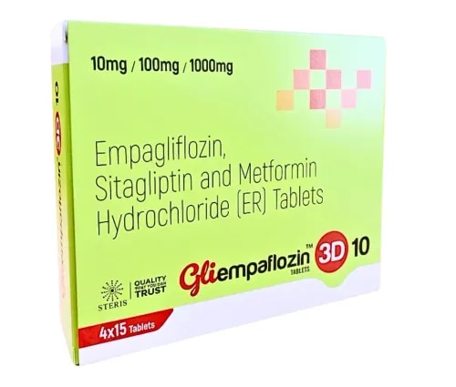 GLIEMPAFLOZIN 3D 10 is a triple-combination antidiabetic tablet containing Empagliflozin 10 mg, Sitagliptin 100 mg, and Metformin Hydrochloride Extended Release (ER) 1000 mg. This combination is intended for the management of type 2 diabetes mellitus in appropriately selected patients under the supervision of a qualified healthcare professional.The three active ingredients work through different mechanisms to help regulate blood glucose levels. Empagliflozin helps the kidneys eliminate glucose through urine, Sitagliptin supports glucose-dependent insulin regulation, and Metformin helps reduce glucose production in the liver while improving insulin sensitivity.By combining these ingredients in one tablet, GLIEMPAFLOZIN 3D 10 provides a multi-mechanism approach to blood glucose management. Its suitability depends on the patient's clinical condition, kidney function, existing treatment, and the approved prescribing information.Composition of GLIEMPAFLOZIN 3D 10Each tablet contains the following stated active ingredients:Empagliflozin 10 mg: A sodium-glucose cotransporter 2 (SGLT2) inhibitor that reduces glucose reabsorption by the kidneys and increases glucose excretion through urine.Sitagliptin 100 mg: A dipeptidyl peptidase-4 (DPP-4) inhibitor that helps regulate insulin and glucagon responses according to blood glucose levels.Metformin Hydrochloride ER 1000 mg: An extended-release biguanide that primarily reduces glucose production in the liver and improves the body's response to insulin.The exact formulation, excipients, approved indications, and administration instructions should be confirmed from the product packaging and official prescribing information.Key Features of GLIEMPAFLOZIN 3D 10 TabletsGLIEMPAFLOZIN 3D 10 combines three established antidiabetic medicines with complementary mechanisms of action.Triple-combination formulation: Contains Empagliflozin, Sitagliptin, and Metformin Hydrochloride ER.Multiple glucose-control pathways: Targets different processes involved in blood glucose regulation.Extended-release metformin: Provides a formulation designed to release Metformin gradually over time.Oral tablet dosage form: Allows administration according to the prescribed regimen.Individualized diabetes management: May be considered when a healthcare professional determines that all three ingredients are appropriate.The combination is not suitable for every person with diabetes. Treatment decisions should be based on individual medical needs and the approved product information.Uses of GLIEMPAFLOZIN 3D 10GLIEMPAFLOZIN 3D 10 is intended for the management of type 2 diabetes mellitus, subject to its approved indications and the prescribing healthcare professional's assessment.Type 2 diabetes is a chronic metabolic condition characterized by impaired insulin action and, in many patients, insufficient insulin production. Persistently elevated blood glucose can increase the risk of complications affecting the eyes, kidneys, nerves, heart, and blood vessels.The three active ingredients in GLIEMPAFLOZIN 3D 10 address different aspects of glucose regulation. A healthcare professional may consider this combination when multiple medicines are required to achieve an individual's treatment goals and when the combination is clinically appropriate.The medicine should be used as part of a comprehensive diabetes-management plan that may include balanced nutrition, regular physical activity, blood glucose monitoring, and routine medical assessments. It is not intended for the treatment of type 1 diabetes or diabetic ketoacidosis.How Does GLIEMPAFLOZIN 3D 10 Work?1. Empagliflozin 10 mgEmpagliflozin belongs to the SGLT2 inhibitor class. It blocks a protein responsible for reabsorbing glucose filtered by the kidneys. This allows more glucose to be eliminated through urine, helping reduce blood glucose levels.Empagliflozin has also demonstrated cardiovascular and kidney benefits in certain eligible patient populations. Whether these benefits apply to an individual depends on their clinical condition and the applicable prescribing information.2. Sitagliptin 100 mgSitagliptin inhibits the DPP-4 enzyme, which breaks down incretin hormones. By increasing incretin activity, Sitagliptin supports insulin release when blood glucose is elevated and helps regulate glucagon secretion. These actions contribute to blood glucose control.3. Metformin Hydrochloride ER 1000 mgMetformin primarily reduces glucose production in the liver and improves insulin sensitivity. The extended-release formulation is designed to release the medicine gradually over time.Together, these ingredients target several pathways involved in type 2 diabetes. Their combined effectiveness and safety depend on appropriate prescribing, correct administration, and regular monitoring.Potential Benefits of GLIEMPAFLOZIN 3D 10When prescribed for an appropriate patient, GLIEMPAFLOZIN 3D 10 may offer the following treatment advantages:Multiple mechanisms of action: Combines three medicines that influence different aspects of glucose regulation.Blood glucose management: Helps improve glycemic control in eligible adults with type 2 diabetes.Combination therapy: May simplify a treatment regimen compared with taking the same ingredients as separate tablets.Extended-release component: Includes Metformin Hydrochloride ER for gradual drug release.Personalized treatment options: May be considered when a healthcare professional determines that triple therapy is appropriate.Individual outcomes vary, and the medicine does not replace a suitable diet, physical activity, or routine diabetes care.Directions for UseTake GLIEMPAFLOZIN 3D 10 only as prescribed by your healthcare professional.Follow the prescribed dose and administration schedule.Take the tablet with food if directed by the product labeling or your prescriber.Swallow the extended-release tablet whole unless the specific product instructions state otherwise. Do not crush, chew, or split it without professional guidance.Do not change the dose or stop treatment without consulting your prescriber.Attend recommended appointments for kidney-function assessment and blood glucose monitoring.If you miss a dose, follow the official patient information or ask your healthcare professional or pharmacist what to do. Do not take an extra dose to compensate for a missed dose unless specifically instructed.Precautions and Safety InformationGLIEMPAFLOZIN 3D 10 is a prescription medicine and may not be suitable for everyone.Kidney function: Kidney function should be assessed before and during treatment as appropriate. Metformin and Empagliflozin have important kidney-related prescribing considerations.Dehydration: Empagliflozin increases glucose excretion through urine and may increase urination. Patients at risk of dehydration or low blood pressure should discuss appropriate precautions with their healthcare professional.Genital and urinary infections: Empagliflozin may increase the risk of genital fungal infections and can be associated with urinary tract infections.Lactic acidosis: Metformin can rarely cause a serious condition called lactic acidosis. Risk may increase with significant kidney impairment, severe dehydration, certain acute illnesses, or excessive alcohol intake.Pancreatitis: Pancreatitis has been reported in patients taking Sitagliptin. Severe, persistent abdominal pain requires prompt medical assessment.Hypoglycemia: Low blood glucose may occur, particularly when the combination is used with insulin or insulin secretagogues such as sulfonylureas.Inform your healthcare professional about existing medical conditions, all medicines you take, pregnancy or breastfeeding, planned surgery, prolonged fasting, and upcoming procedures involving iodinated contrast. Follow professional instructions about temporary medicine interruption during acute illness or other high-risk situations.Seek urgent medical care for severe abdominal pain, difficulty breathing, persistent vomiting, severe dehydration, or other serious symptoms.Why Choose GLIEMPAFLOZIN 3D 10?GLIEMPAFLOZIN 3D 10 brings together Empagliflozin 10 mg, Sitagliptin 100 mg, and Metformin Hydrochloride ER 1000 mg in a triple-combination tablet intended for selected patients with type 2 diabetes.For pharmaceutical websites, pharmacies, distributors, and healthcare professionals, clear information about composition, mechanism of action, potential uses, and precautions supports responsible product awareness.Always refer to the approved product label for the exact composition, indications, dosage, contraindications, storage requirements, and instructions for use.ConclusionGLIEMPAFLOZIN 3D 10 Tablets combine Empagliflozin 10 mg, Sitagliptin 100 mg, and Metformin Hydrochloride ER 1000 mg to target multiple pathways involved in blood glucose regulation. The combination may be appropriate for selected adults with type 2 diabetes under medical supervision.For complete information about dosage, contraindications, warnings, storage, and approved indications, consult the official product packaging and prescribing information. Use this medicine only under the direction of a qualified healthcare professional.Frequently Asked Questions (FAQs)1. What is GLIEMPAFLOZIN 3D 10?GLIEMPAFLOZIN 3D 10 is a combination tablet containing Empagliflozin 10 mg, Sitagliptin 100 mg, and Metformin Hydrochloride ER 1000 mg.2. What is GLIEMPAFLOZIN 3D 10 used for?It is intended for the management of type 2 diabetes mellitus in patients for whom this combination is considered appropriate by a healthcare professional.3. How does GLIEMPAFLOZIN 3D 10 work?Empagliflozin increases urinary glucose excretion, Sitagliptin supports glucose-dependent insulin regulation, and Metformin reduces glucose production in the liver and improves insulin sensitivity.4. Can GLIEMPAFLOZIN 3D 10 replace diet and exercise?No. Medication should be combined with an individualized diet, physical activity, and monitoring plan recommended by a healthcare professional.5. Is GLIEMPAFLOZIN 3D 10 suitable for everyone with diabetes?No. Suitability depends on the type of diabetes, kidney function, other medical conditions, concurrent medicines, and approved prescribing information.