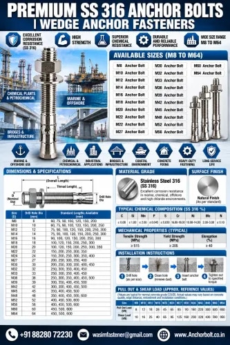 SS 316 Anchor Bolt SS 316 Wedge Anchor Bolt SS 316 Anchor Fastener SS 316 Mechanical Anchor SS 316 Expansion Bolt product image