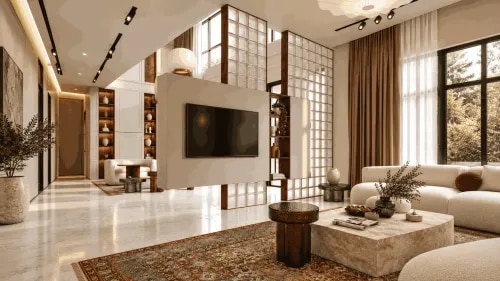 Luxury TV Unit Partition with Decorative Glass Block Divider and Illuminated Display Shelves | Adyar product image