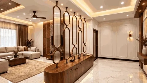 Wooden Console Partition with Decorative Bronze Oval Panels and Open Living Room Divider | Kanchipuram  product image