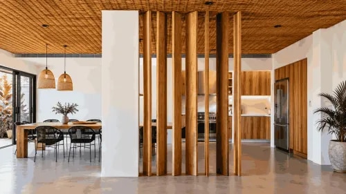 Modern Wooden Vertical Slat Partition with Floor-to-Ceiling Timber Panels | Porur product image