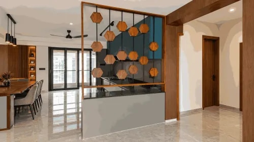 Wooden Frame Partition with Decorative Hexagonal Hanging Panels | Porur product image