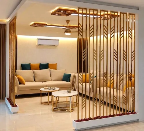 Geometric Wooden Slat Partition with Gold Accents and Integrated Planter | Porur product image