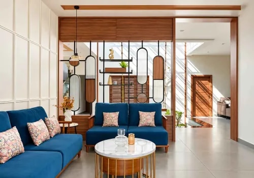 Geometric Wooden Slat Partition with Decorative Shelves and Blue Sofa | Ambattur  product image
