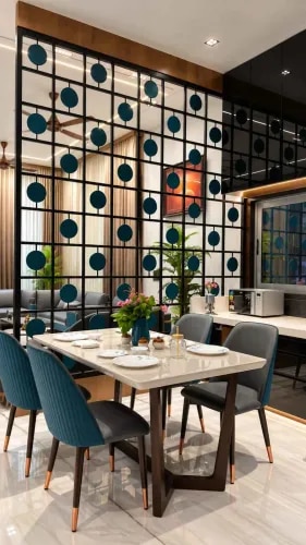 Modern Black Metal Grid Partition with Teal Circular Accents | Kanchipuram  product image