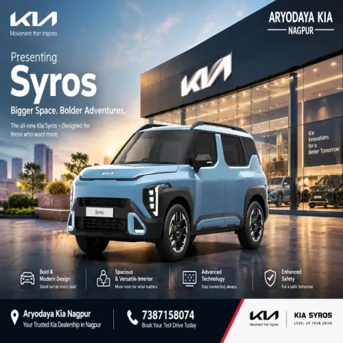 Discover the Kia Syros at Aryodaya Kia Nagpur – Bigger Space. Bolder Adventures.Experience the all-new Kia Syros at Aryodaya Kia Nagpur, your trusted destination for Kia cars in Nagpur, Maharashtra. With its bold SUV design, spacious and versatile interior, advanced technology, and modern safety features, the Kia Syros is designed to elevate your everyday driving experience.Whether you're navigating city streets or heading out on a weekend adventure, the Kia Syros combines contemporary styling, comfort, and convenience to make every journey memorable.Visit Aryodaya Kia Nagpur to explore the Kia Syros, enquire about available variants, check the latest prices and offers, and book your test drive today.📍 Showroom:Aryodaya Kia Nagpur  🚘 Model: Kia Syros  📞 Contact:7387158074  📅 Book your test drive today!Aryodaya Kia Nagpur – Your trusted Kia dealership in Nagpur. Discover more space, embrace bold design, and experience the Kia Syros.