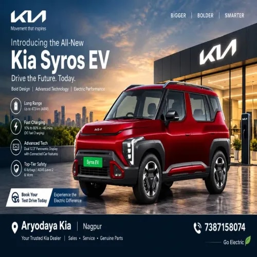 Introducing the Kia Syros EV at Aryodaya Kia NagpurDiscover the future of electric mobility with the striking Kia Syros EV, showcased in a premium red finish with bold styling, modern design elements and advanced automotive technology. Designed to make every journey more convenient and enjoyable, the Syros EV promotional banner highlights electric driving, fast-charging capability, connected technology and advanced safety features.The creative showcases an impressive claimed driving range of up to 473 km (ARAI), DC fast charging, a dual 12.3-inch panoramic display concept and Level 2 ADAS safety features, as highlighted in the advertisement. With its contemporary SUV design and electric-mobility appeal, the vehicle represents a forward-looking choice for customers exploring next-generation automotive technology.Visit Aryodaya Kia, Nagpur, to enquire about Kia vehicles, explore available models and discover dealership services. Contact 7387158074 for enquiries and further information.Aryodaya Kia Nagpur – Your Trusted Kia DealerSales • Service • Genuine PartsVehicle name, specifications, range, charging times and feature availability should be verified against official Kia India information before publication.Kia Syros EV – Complete SpecificationsAryodaya Kia Nagpur | Electric SUVEngine / Electric Motor & Performance- Powertrain: Fully Electric- Battery Options: 42 kWh and 51.4 kWh- Motor Type: Permanent Magnet Synchronous Motor- Maximum Power: 135 PS (Standard Range) / 171 PS (Extended Range)- Maximum Torque: 255 Nm- Transmission: Single-Speed Automatic- Drivetrain: Front-Wheel Drive (FWD)- 0–100 km/h: Approximately 8.1 seconds, depending on variant- Top Speed: Variant-dependentBattery & Driving Range- Battery Chemistry: Lithium-ion NMC- Claimed Driving Range: Approximately 443 km (42 kWh) / 526 km (51.4 kWh)- AC Charging: Up to 11 kW- DC Fast Charging: Up to 100 kW- DC Charging Time: Approximately 39 minutes from 10% to 80% with a compatible charger- Regenerative Braking: Yes- Vehicle-to-Load (V2L): AvailableDimensions & Capacity- Length: 3,995 mm- Width: 1,805 mm- Height: 1,670 mm- Wheelbase: 2,550 mm- Ground Clearance: Approximately 197 mm- Seating Capacity: 5 Passengers- Boot Space: Approximately 390 litres- Body Type: Compact Electric SUV- Number of Doors: 5Exterior Features- Bold SUV Styling- Signature Kia Lighting Design- LED Lighting Elements- Stylish Alloy Wheels, depending on variant- Roof Rails- Aerodynamic Body Design- Modern Front FasciaInterior & Comfort Features- Panoramic Dual-Screen Display- Touchscreen Infotainment System- Wireless Android Auto and Apple CarPlay, depending on variant- Kia Connected-Car Technology- Panoramic Sunroof on selected variants- Ventilated Seats on selected variants- Sliding and Reclining Rear Seats- Wireless Phone Charging on equipped variants- Premium Audio System on selected variants- Ambient Lighting on selected variantsSafety Features- Six Airbags- Anti-lock Braking System (ABS)- Electronic Stability Control (ESC)- Tyre Pressure Monitoring System (TPMS)- Electronic Parking Brake with Auto-Hold- Rear Parking Sensors- 360-Degree Camera on selected variants- Level 2 ADAS on selected variants- ISOFIX Child-Seat Anchors- Disc BrakesSuspension, Steering & Wheels- Front Suspension: MacPherson Strut- Rear Suspension: Coupled Torsion Beam Axle- Steering: Electric Power Steering- Brakes: Disc Brakes- Wheel Options: 16-inch or 17-inch, depending on variant- Tyre Sizes: Variant-dependent### Dealership InformationAryodaya Kia – NagpurYour Trusted Kia Dealer  Sales • Service • Genuine Parts  Contact: 7387158074Note: Confirm the vehicle model, official launch specifications, battery options, range, charging performance and feature availability with Kia India before publishing. The specifications above should not be treated as verified official specifications for a production Kia Syros EV.