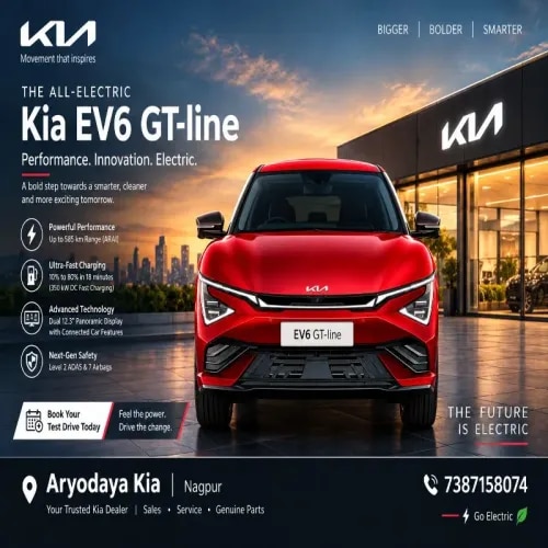 Kia EV6 GT-Line AWD – Complete Description & SpecificationsDiscover the All-Electric Kia EV6 GT-Line at Aryodaya Kia NagpurExperience premium electric performance with the Kia EV6 GT-Line AWD, a sophisticated electric crossover combining striking design, powerful dual-motor performance, advanced technology and long-distance driving capability. Finished in bold Runway Red, the EV6 stands out with its futuristic lighting, sporty GT-Line styling, aerodynamic alloy wheels and premium cabin.Designed for drivers who value performance and innovation, the Kia EV6 features an 84 kWh battery, all-wheel drive, a panoramic curved dual-display system, ultra-fast DC charging and advanced driver-assistance technology. Discover the future of electric mobility at Aryodaya Kia, Nagpur.Technical SpecificationsElectric Motor & Performance- Vehicle Type: Premium Battery Electric Vehicle (BEV)- Variant: GT-Line AWD- Motor Type: Permanent Magnet Synchronous Motor- Battery Capacity: 84 kWh- Maximum Power: 325 PS- Maximum Torque: 605 Nm- Drivetrain: All-Wheel Drive (AWD)- Transmission: Single-Speed Automatic- Acceleration (0–100 km/h): Approximately 5.3 seconds- Driving Modes: Eco, Normal and SportBattery, Range & Charging- Claimed Driving Range: Up to 663 km (ARAI MIDC, as published by Kia)- DC Fast Charging: Approximately 18 minutes from 10% to 80% with a compatible 350 kW charger- 50 kW DC Charging: Approximately 73 minutes from 10% to 80%- Battery Type: Lithium-ion- Regenerative Braking: Yes- Vehicle-to-Load (V2L): Yes- Vehicle-to-Vehicle (V2V): Supported as specified by KiaActual range and charging time vary depending on driving conditions, temperature, battery state and charger capacity.Dimensions & Capacity- Length: 4,695 mm- Width: 1,890 mm- Height: 1,570 mm- Wheelbase: 2,900 mm- Seating Capacity: 5 passengers- Tyre Size: 235/55 R19- Body Style: Electric crossoverExterior Features- Distinctive GT-Line Front and Rear Bumpers- Signature Kia Star Map LED Lighting- Sequential LED Daytime Running Lights- Connected LED Tail Lamps- 19-inch Aerodynamic Alloy Wheels- Flush-Style Door Handles- High-Gloss Black Exterior Details- Wide Electric Sunroof- Rear Spoiler- Heated and Electrically Folding Outside MirrorsInterior & Comfort- Dual 12.3-inch Panoramic Curved Displays- Digital Instrument Cluster- Touchscreen Infotainment and Navigation- Kia Connect Connected-Car Technology- Digital Key 2.0- Over-the-Air (OTA) Software Updates- Meridian Premium 14-Speaker Sound System- Augmented Reality Head-Up Display- Ventilated Front Seats- Power-Adjustable Front Seats with Memory Function- Premium Relaxation Seats- Dual-Zone Automatic Climate Control- 64-Colour Ambient Mood Lighting- Wireless Smartphone Charging- Smart Power Tailgate- 60:40 Split-Folding Rear SeatsSafety & Driver Assistance- 8 Airbags- Level 2 Advanced Driver Assistance Systems (ADAS)- Forward Collision-Avoidance Assist- Lane Keeping Assist- Lane Following Assist- Blind-Spot Collision-Avoidance Assist- Rear Cross-Traffic Assist- Safe Exit Assist- Smart Cruise Control with Stop & Go- Driver Attention Warning- Electronic Stability Control- Anti-lock Braking System (ABS)- Hill-start Assist Control- Front and Rear Parking Sensors- 360-Degree Camera and Blind View Monitor, as equipped- ISOFIX Child-Seat Anchors- Disc Brakes on All WheelsSuspension & Braking- Front Suspension: MacPherson Strut- Rear Suspension: Multi-Link- Braking System: Four-Wheel Disc Brakes- Steering: Electric Power SteeringWhy Choose the Kia EV6 GT-Line AWD?- Powerful 325 PS dual-motor electric performance- Up to 663 km claimed ARAI MIDC range- Rapid DC fast-charging capability- Confident all-wheel-drive traction- Premium technology and comfort- Advanced driver-assistance features- Zero tailpipe emissions during drivingVisit Aryodaya Kia – NagpurAryodaya Kia | NagpurYour Trusted Kia Dealer  Sales • Service • Genuine PartsContact Number: 7387158074Book your test drive and experience the bold design, advanced technology and thrilling electric performance of the Kia EV6 GT-Line AWD.Specifications and feature availability may vary by model year. Confirm current pricing, stock, variant details and offers with Aryodaya Kia before publication.