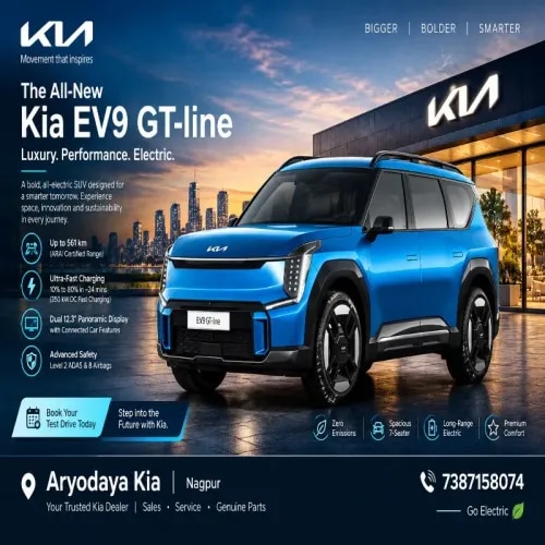 Kia EV9 GT-Line AWD – Complete Description & SpecificationsDiscover the Kia EV9 GT-Line at Aryodaya Kia NagpurExperience premium electric luxury with the Kia EV9 GT-Line AWD, Kia’s flagship electric SUV, combining commanding design, powerful all-wheel-drive performance, exceptional passenger comfort and advanced technology. Finished in striking Ocean Blue, the EV9 features a bold Digital Pattern Lighting Grille, distinctive Star Map LED lighting, sporty 20-inch alloy wheels and a sophisticated three-row cabin.Designed for premium family travel, the Kia EV9 brings together a large-capacity battery, ultra-fast charging capability, panoramic displays, second-row captain seats with relaxation and massage functions, and advanced driver-assistance technology.Visit Aryodaya Kia, Nagpur to enquire about the Kia EV9, explore available purchase options and experience the future of electric mobility.Technical SpecificationsElectric Motor & Performance- Vehicle Type: Premium Battery Electric SUV- Variant: GT-Line AWD- Motor Configuration: Dual electric motors- Battery Capacity: 99.8 kWh- Maximum Power: 384.23 PS- Maximum Torque: 700 Nm- Drivetrain: All-Wheel Drive (AWD)- Transmission: Single-Speed Automatic- Acceleration (0–100 km/h): Approximately 5.3 seconds- Fuel Type: ElectricityBattery, Driving Range & Charging- Claimed Driving Range: Up to 561 km (ARAI MIDC)- DC Fast Charging: Approximately 24 minutes from 10% to 80% with a compatible 350 kW DC charger- AC Charging: Supports compatible AC charging solutions- Regenerative Braking: Yes, with i-Pedal functionality- Vehicle-to-Load (V2L): Yes- Battery Type: Lithium-ionReal-world range and charging time vary with driving conditions, temperature, battery condition and charger capacity.Dimensions & Capacity- Length: 5,015 mm- Width: 1,980 mm- Height: 1,780 mm, including roof rails- Wheelbase: 3,100 mm- Seating Capacity: 6 passengers- Seating Configuration: 2+2+2- Boot Space: Approximately 333 litres- Front Trunk (Frunk): 52 litres- Tyre Size: 275/50 R20- Alloy Wheels: 20-inch sporty crystal-cut designExterior Features- Digital Pattern Lighting Grille- Star Map LED Daytime Running Lights- Intelligent Ice Cube LED Projection Headlamps- Star Map LED Rear Combination Lamps- Dynamic Welcome Lighting Function- GT-Line Exterior Styling- Automatic Flush Door Handles- Glossy Black Exterior Accents- Sporty Gunmetal Skid Plates- Black Bridge-Type Roof Rails- Rear Spoiler with Integrated LED High-Mount Stop Lamp- Dual Sunroof- Premium Ocean Blue Exterior ColourInterior & Comfort- Trinity Panoramic Display- 12.3-inch Digital Instrument Cluster- 12.3-inch Touchscreen Infotainment and Navigation Display- 5-inch Climate-Control Display- Premium Dual-Tone Interior- Second-Row Captain Seats with Relaxation and Massage Functions- Heated and Ventilated First- and Second-Row Seats- Power-Adjustable Front Seats- Driver Seat Memory Function- Second-Row Relaxation Seats with Leg Support- Power-Reclining Third-Row Seats- Three-Zone Automatic Climate Control- 64-Colour Dual-Tone Ambient Lighting- Suede Headlining- Wireless Android Auto and Apple CarPlay- Meridian Premium Sound System with 14 Speakers- Kia Connect Connected-Car Technology- Kia Digital Key 2.0- Over-the-Air Software Updates- Digital Inside Rear-View Mirror- Head-Up Display- Wireless Smartphone Charging- Smart Power Tailgate- USB Type-C Charging Ports across all three rowsSafety & Driver Assistance- 10 Airbags- Level 2 Advanced Driver Assistance Systems (ADAS)- Forward Collision Warning- Forward Collision-Avoidance Assist- Lane Keeping Assist- Lane Following Assist- Blind-Spot Collision Warning and Avoidance Assist- Rear Cross-Traffic Collision Warning and Avoidance Assist- Smart Cruise Control with Stop & Go- Safe Exit Warning and Assist- Driver Attention Warning- 360-Degree Surround View Camera- Blind View Monitor- Anti-lock Braking System (ABS)- Electronic Stability Control (ESC)- Brake Assist System- Downhill Brake Control- Multi-Collision Brake- Front, Side and Rear Parking Sensors- All-Wheel Disc Brakes- ISOFIX Child-Seat AnchorsSuspension & Braking- Front Suspension: MacPherson Strut- Rear Suspension: Multi-Link- Braking System: Disc Brakes on All Wheels- Drive Modes: Available drive and terrain modes- Regenerative Braking: Adjustable through paddle controls Why Choose the Kia EV9 GT-Line AWD?- Premium all-electric SUV with six-seat comfort- Powerful 384.23 PS dual-motor performance- Up to 561 km claimed ARAI MIDC range- Ultra-fast DC charging capability- Relaxation and massage functions for second-row passengers- Premium Meridian sound system and panoramic displays- Advanced ADAS safety technology- Zero tailpipe emissions during drivingVisit Aryodaya Kia – NagpurAryodaya Kia | Nagpur Your Trusted Kia Dealer  Sales • Service • Genuine Parts**Contact Number: 7387158074**Book your enquiry or test drive and discover the luxury, technology and performance of the Kia EV9 GT-Line AWD.Specifications are based on Kia India's published EV9 information and may vary by model year. Confirm current variant availability, pricing, charging compatibility and feature details with Aryodaya Kia before publication.