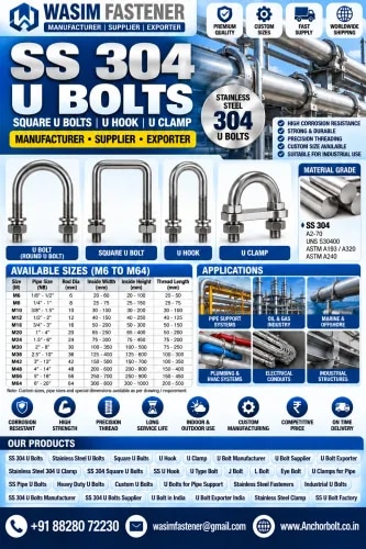 SS 304 U Bolts

SS 304 Pipe U Bolts

SS 304 Square U Bolts

SS 304 Round Bend U Bolts

SS 304 Long Tangent U Bolts

SS 304 Plate Type U Bolts

SS 304 Heavy Duty U Bolts

SS 304 Structural U Bolts

SS 304 Foundation U Bolts

SS 304 J-Type U Bolts

SS 304 L-Type U Bolts
 product image