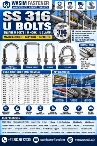 SS 316 U Bolts

SS 316 Pipe U Bolts

SS 316 Square U Bolts

SS 316 Round Bend U Bolts

SS 316 Long Tangent U Bolts

SS 316 Plate Type U Bolts

SS 316 Heavy Duty U Bolts

SS 316 Structural U Bolts SS 316 Foundation U Bolts

SS 316 J-Type U Bolts

SS 316 L-Type U Bolts
 product image
