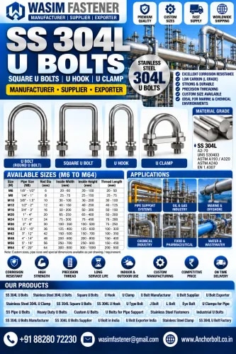 SS 304L U Bolts

SS 304L Pipe U Bolts

SS 304L Square U Bolts

SS 304L Round Bend U Bolts

SS 304L Long Tangent U Bolts

SS 304L Plate Type U Bolts

SS 304L Heavy Duty U Bolts
 product image