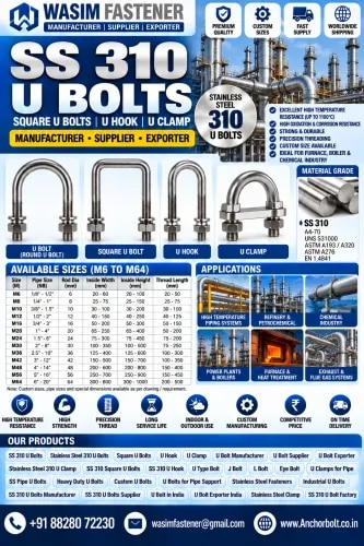 SS 310 U Bolts

SS 310 Pipe U Bolts

SS 310 Square U Bolts

SS 310 Round Bend U Bolts

SS 310 Long Tangent U Bolts

SS 310 Plate Type U Bolts

SS 310 Heavy Duty U Bolts

SS 310 Structural U Bolts

SS 310 Foundation U Bolts

SS 310 J-Type U Bolts

SS 310 L-Type U Bolts
 product image