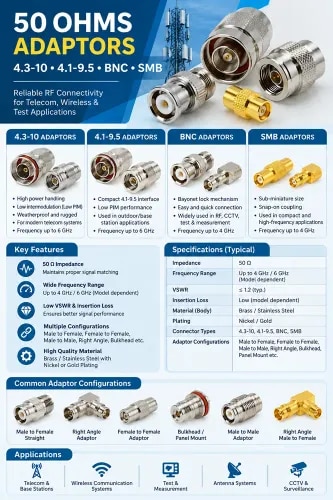 50 OHMS ADAPTORS 4.3-10-4.1-9.5-BNC-SMB