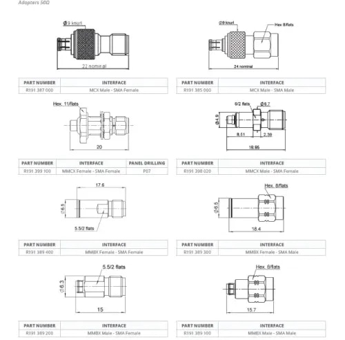 50 OHMS ADAPTORS MCX-SMA-MMCX-MMBX