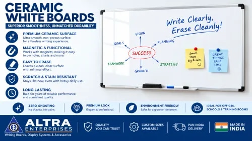 Ceramic White BoardsCeramic White Boards are premium, durable writing boards designed for classrooms, offices, conference rooms, training centers, coaching institutes, and professional workspaces. Featuring a high-quality ceramic-coated writing surface, these boards provide excellent smoothness, superior erasability, and long-lasting performance.The ceramic surface is highly resistant to scratches, stains, ghosting, and frequent marker usage, making it ideal for intensive daily writing. It offers a smooth writing experience with clear visibility and easy cleaning, helping maintain a neat and professional appearance over time.Our Ceramic White Boards are available in various sizes and configurations to suit different requirements. They can be supplied with sturdy aluminum frames, wall-mounting accessories, marker trays, and magnetic surfaces as required.Key Features:Premium ceramic-coated writing surfaceExcellent resistance to scratches and stainsEasy to write and eraseMinimal ghosting after repeated useLong-lasting and low-maintenanceSuitable for magnetic accessoriesStrong and durable aluminum frameAvailable in multiple sizesIdeal for schools, offices and training roomsApplications:Schools, colleges, coaching classes, corporate offices, conference rooms, meeting rooms, training centers, educational institutions, hospitals, and commercial establishments.Altra Enterprises offers quality Ceramic White Boards designed for reliable performance, professional appearance, and long-term everyday use.