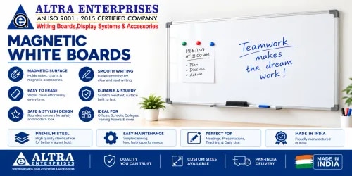 Magnetic White BoardsAltra Enterprises Magnetic White Boards are premium-quality writing and presentation boards designed for schools, offices, conference rooms, coaching institutes, training centres and corporate workspaces. Featuring a smooth magnetic writing surface, these boards allow users to write, erase and securely display documents, charts, notices and other important materials using magnets.The high-quality surface provides smooth writing, excellent visibility and easy erasing, making the board ideal for frequent daily use. A sturdy aluminium frame ensures durability and stability, while the clean and professional design adds a modern look to any workspace.Key FeaturesStrong magnetic writing surfaceSmooth and clear writing experienceEasy to erase and maintainSuitable for whiteboard markersStrong and durable aluminium frameScratch and stain-resistant surfaceConvenient marker trayMultiple sizes availableCustom sizes available on requestEasy wall-mounting and installationApplicationsSchools | Colleges | Offices | Coaching Institutes | Training Centres | Conference Rooms | Meeting Rooms | Corporate Offices | Workshops | InstitutionsMagnetic White Boards from Altra Enterprises offer the perfect combination of writing, presentation and display functionality, making them an excellent choice for modern educational and professional environments.