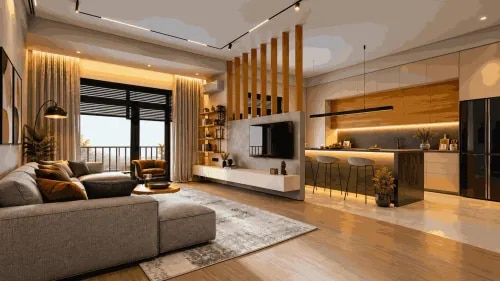 Open Plan Living Room with Wooden Slat Partition and Designer Kitchen | Adyar product image