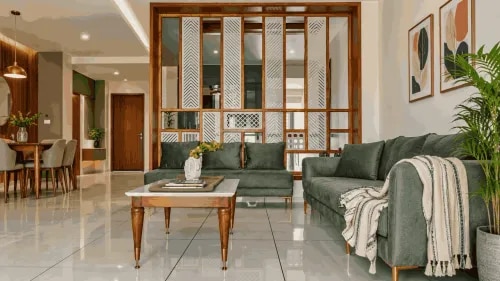 Modern Wooden and White Geometric Partition with Green Sofa Seating | Tambaram product image
