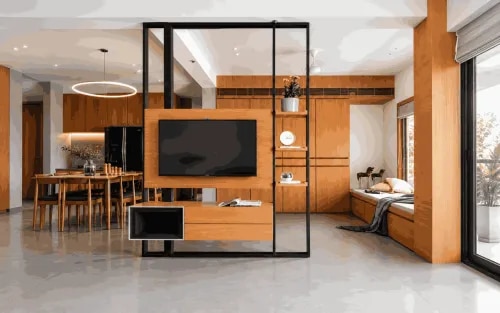 Wooden TV Unit with Black Metal Frame Partition | OMR product image