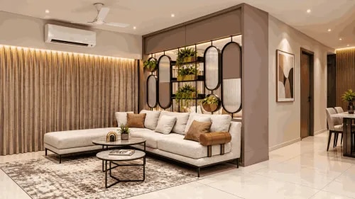 Living Room with Geometric Display Partition and Warm Ambient Lighting | Chengalpattu  product image